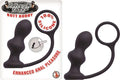 Black silicone anal plug with curved handle ring and smooth flared tip