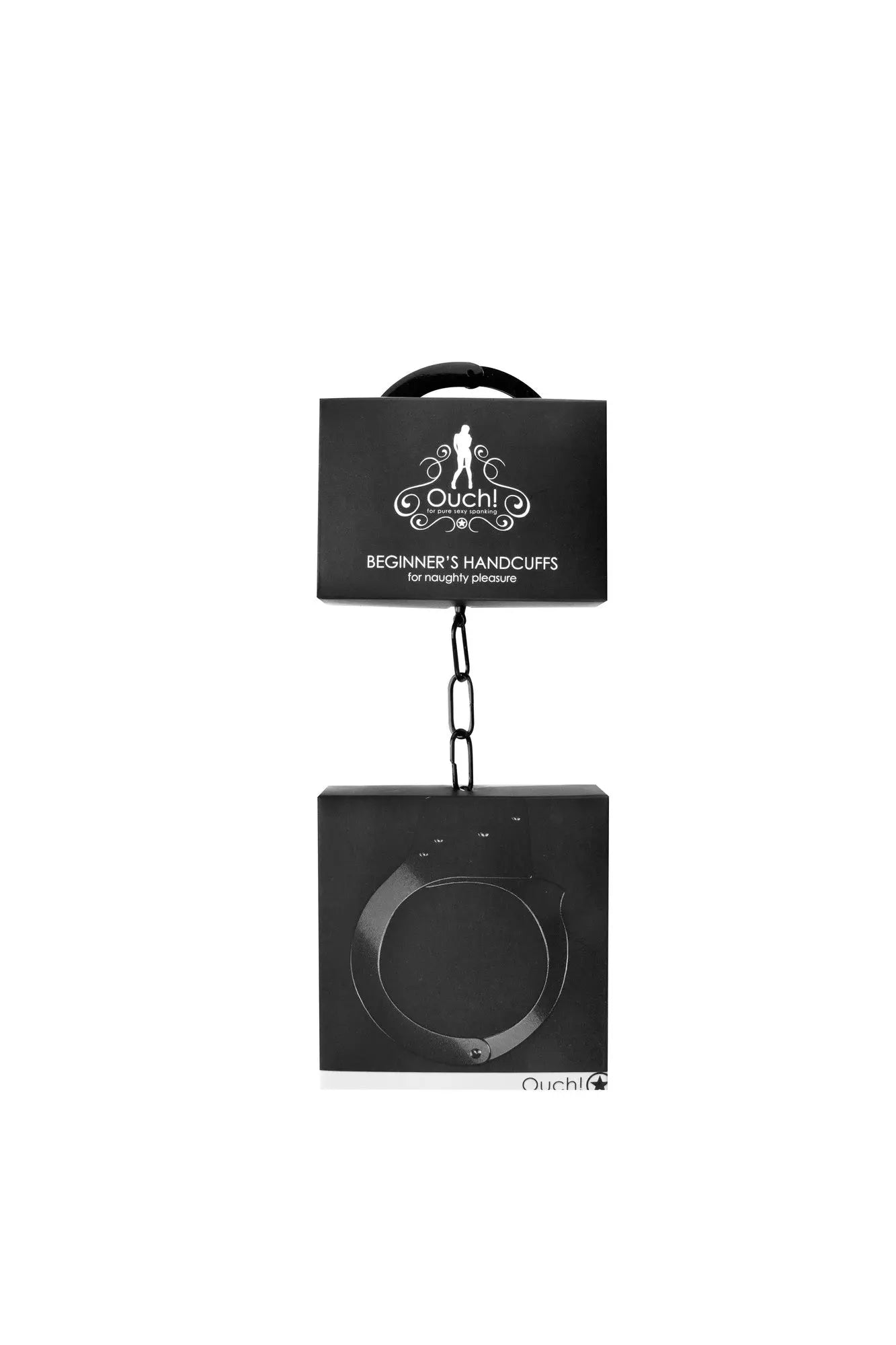 Black beginner handcuffs in open box with dangling cuffs