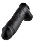 Black 12-inch penis-shaped sex toy with rounded balls at the base