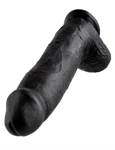 Black 12-inch penis-shaped sex toy with rounded balls at the base