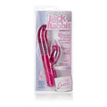 Pink jack rabbit-style massager in clear blister packaging