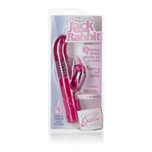 Pink jack rabbit-style massager in clear blister packaging