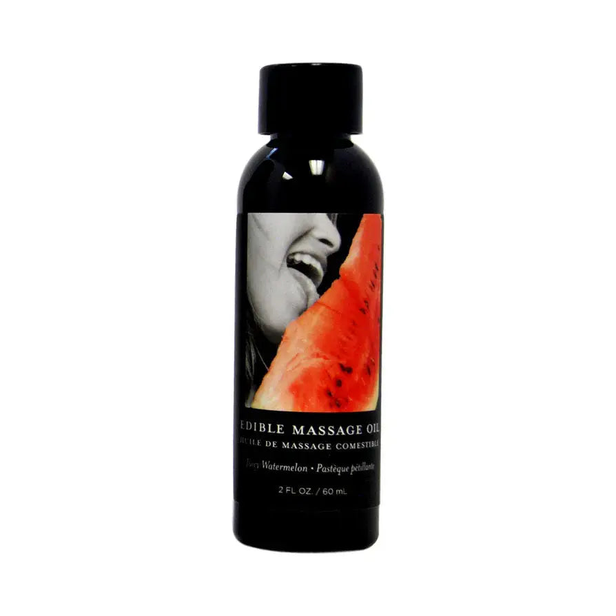 Edible massage oil bottle with black cap, watermelon scent, 2 fl oz