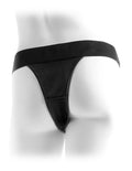 Black crotchless harness with wide waistband and V-front opening