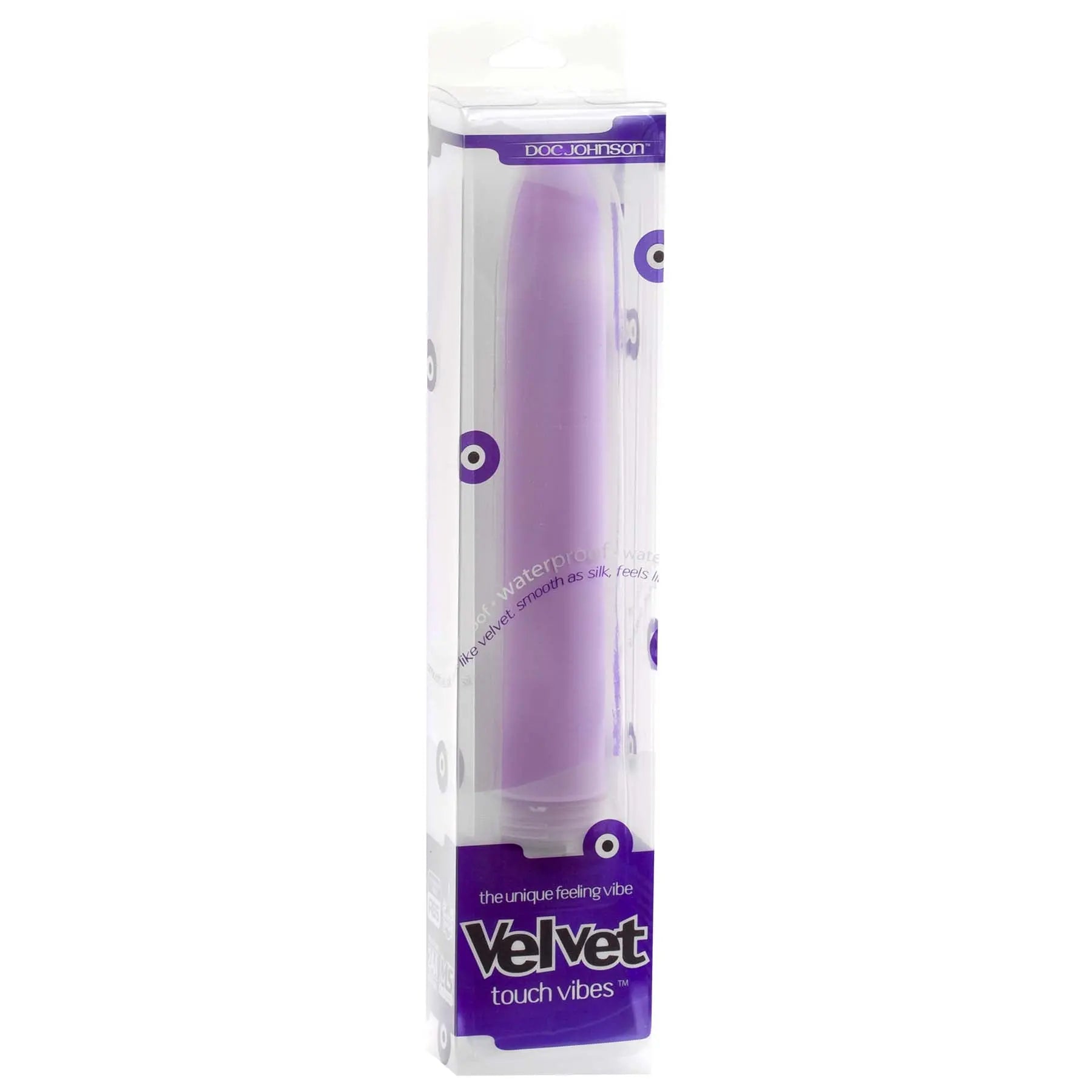 Lavender Velvet Touch Vibes tube in clear retail box with purple branding