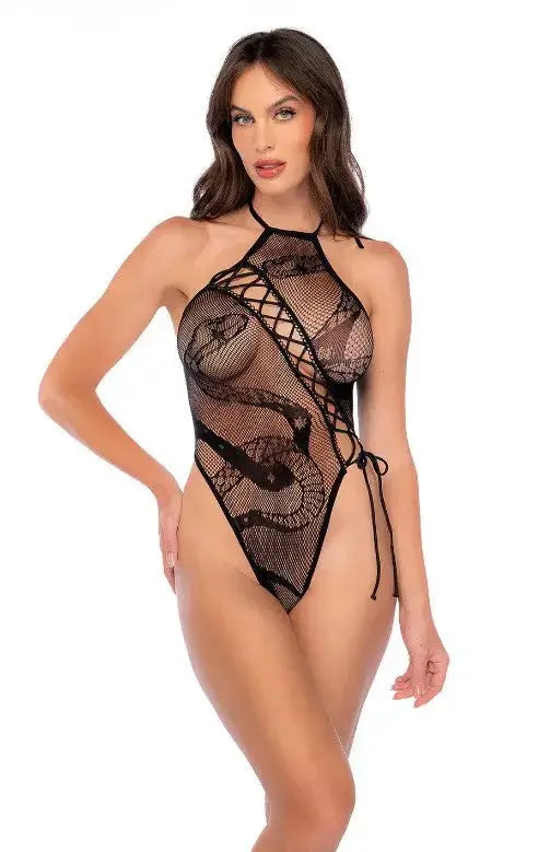 Snake Halter Fishnet Bodysuit - Os - Black – body-safe materials | Fu'Cha Exotics