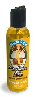 Amber massage oil bottle with black cap; Malibu Screw Love Lickers label