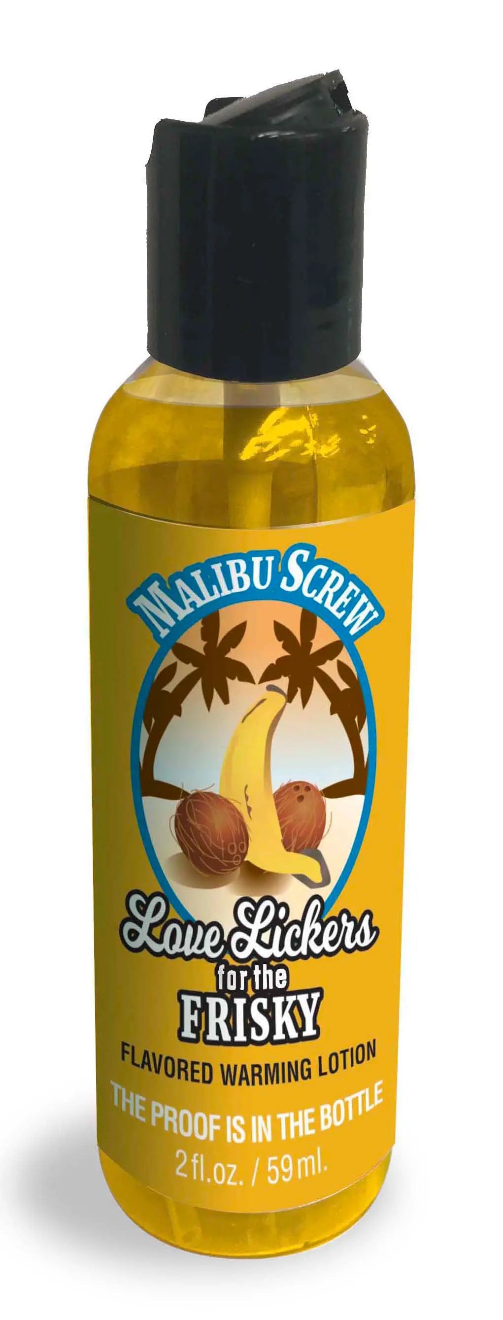 Amber massage oil bottle with black cap; Malibu Screw Love Lickers label
