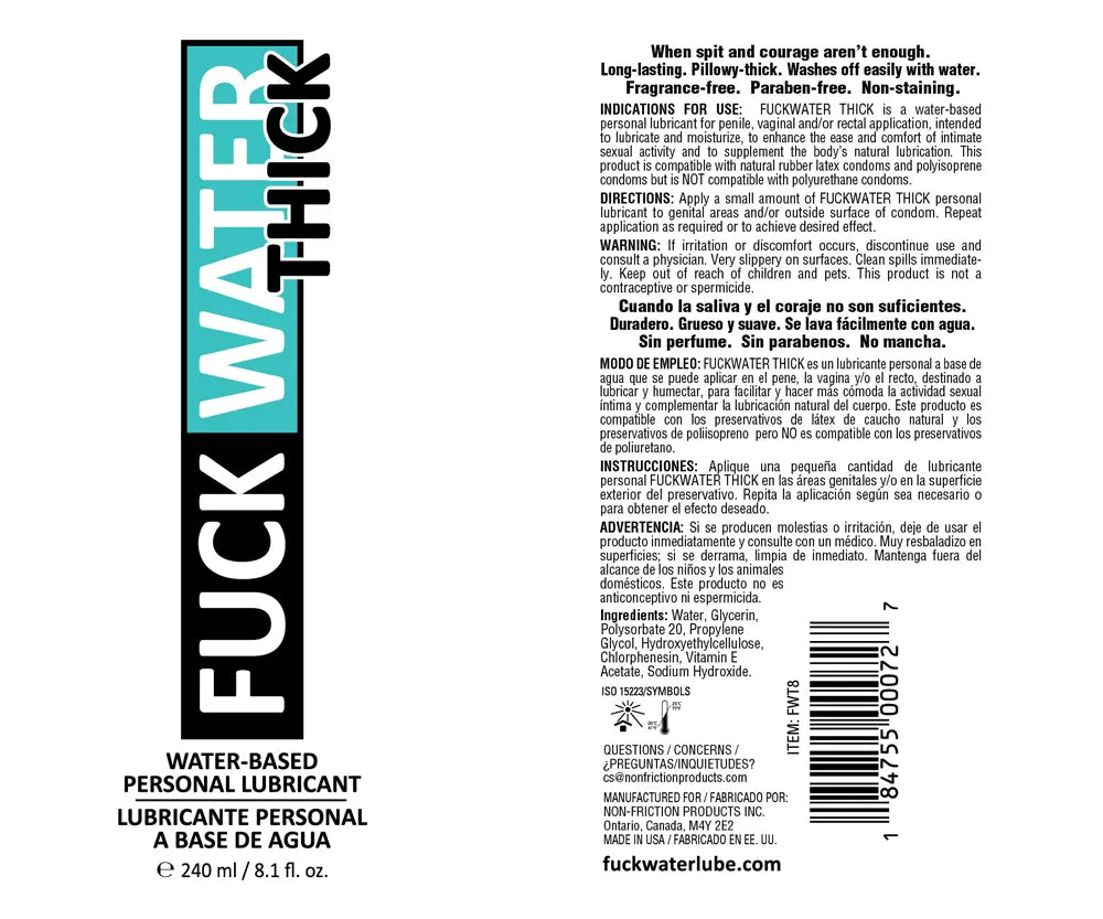 Fuck Water Thick 8oz Clear Water Based Lubricant – body-safe materials | Fu'Cha Exotics