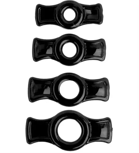 Black cock ring set with four open-ring bands, round center holes