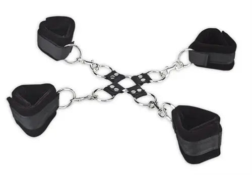 5-piece hogtie set with black padded restraints and silver metal chain links