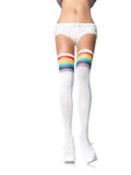 Opaque white thigh-high stockings with rainbow-striped bands near the top