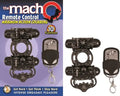 Black remote control cock ring set with metal textured rings and key fob remote.