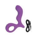 Purple curved silicone massager with loop base and charging cable