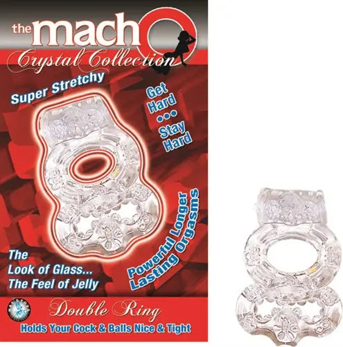 Clear double crystal ring with two stacked circular bands, faceted texture