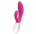 Cerise-pink silicone curved sex toy with white base, dual-ended design