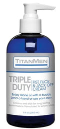 Blue pump lotion bottle with white label, white pump handle, black base