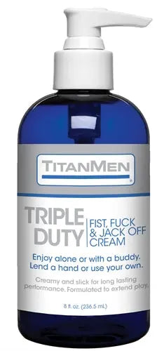 Blue pump lotion bottle with white label, white pump handle, black base