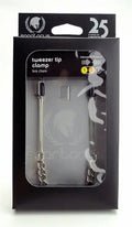 Adjustable link chain tweezer tool in retail packaging, metal chain and pointed tips
