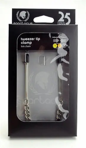 Adjustable link chain tweezer tool in retail packaging, metal chain and pointed tips
