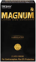 Trojan Magnum 12-pack latex condoms box, lubricated, large size.