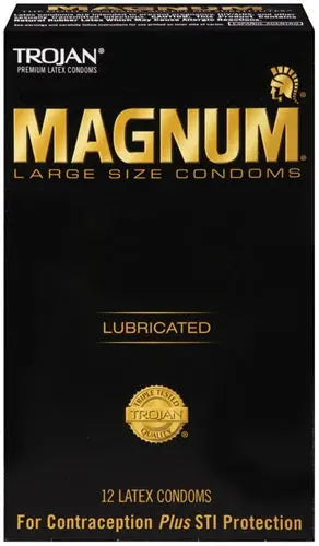 Trojan Magnum 12-pack latex condoms box, lubricated, large size.