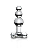 Polished stainless steel butt plug with curved base and stacked bulb shape