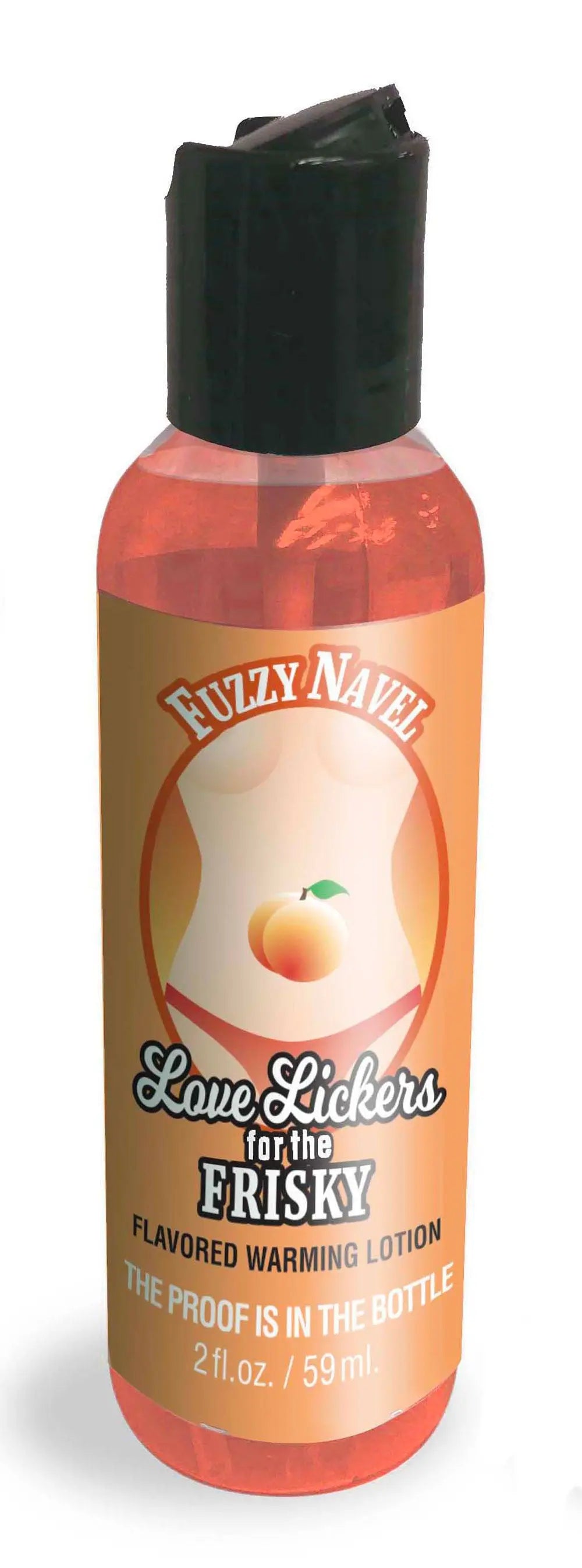 Massage oil bottle with black cap, red label, Fuzzy Navel scent