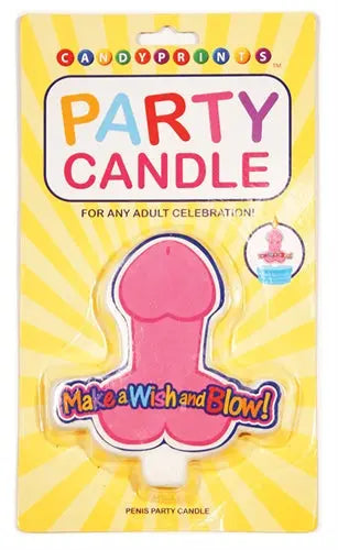 Party candle shaped like a pink number 8 with purple outline, on striped card.