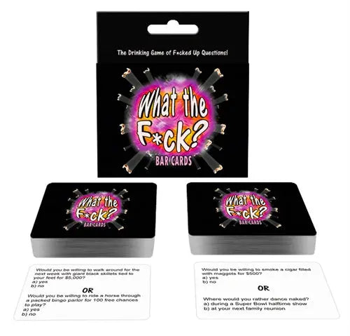 Bar cards deck with 'What the F*Ck?' graphic on black packaging and cards