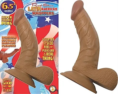 Realistic tan penis-shaped sex toy with curved base and flared tip