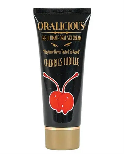 Oralicious Cherries Jubilee oral sex cream tube, black with gold cap and cherry graphic