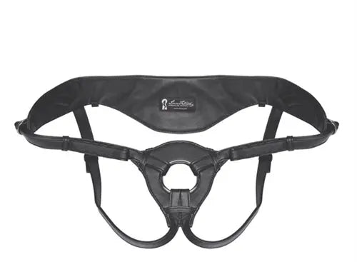 Black patent leather strap-on harness with wide waistband, leg straps, and front ring