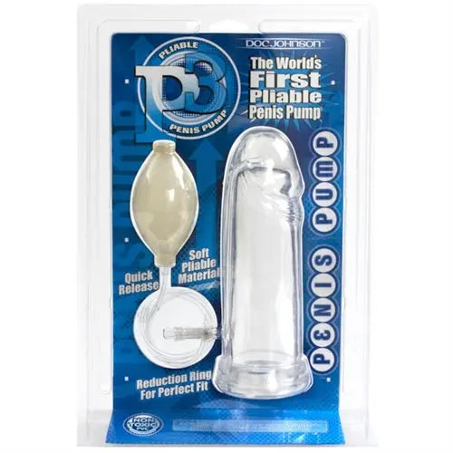 Clear pliable penis pump with soft gel grip and reduction ring