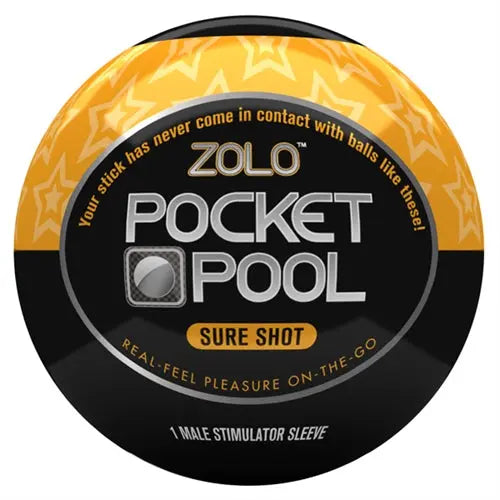Pocket Pool Sure Shot round ball with orange star pattern and black “POCKET POOL” label