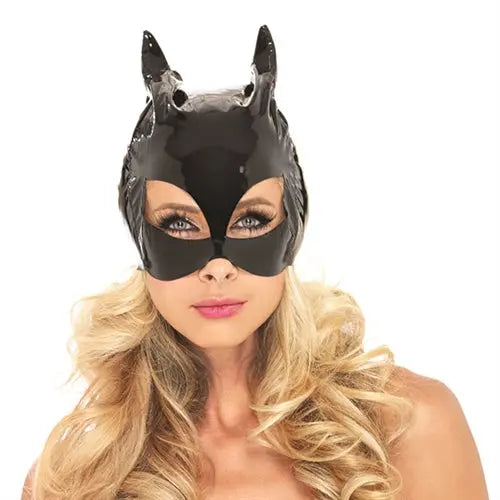 Black cat vinyl face mask with pointed ears and eye cutouts