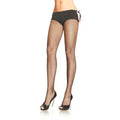 Black fishnet pantyhose with sheer waistband, full-length leg netting
