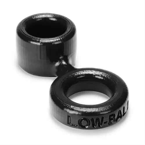 Black low-ball cock ring with attached ball stretcher, glossy metal rings