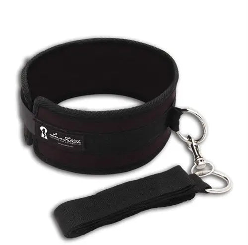 Dog collar and leash set with dark leather look and metal ring and clasp