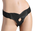 Black adjustable strap-on harness with velvet-lined inner and circular front ring