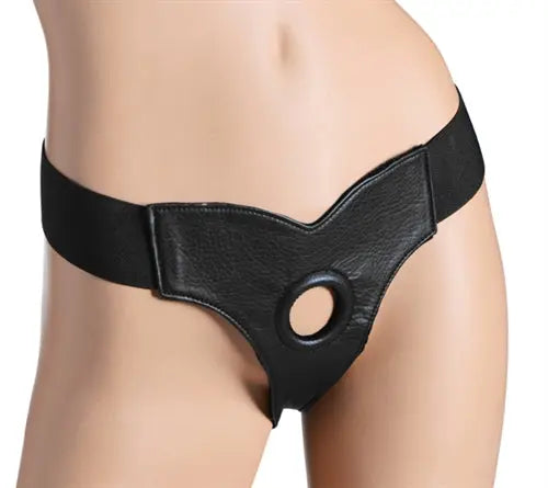 Black adjustable strap-on harness with velvet-lined inner and circular front ring