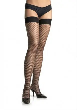 Black spandex net thigh-high stockings with wide top band and diamond pattern