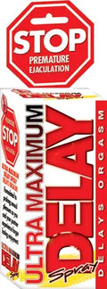 Ultra Maximum Delay spray in red and white STOP branded carton with warning text