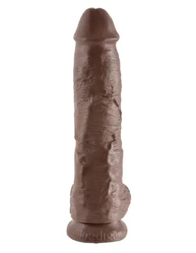 Brown 10-inch cock-shaped sex toy with balls and textured surface