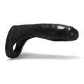 Black curved dildo with rounded tip and flared base, glossy finish