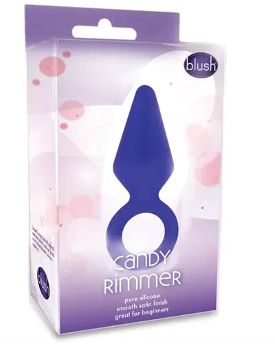 Indigo silicone anal plug with tapered tip and ring base, retail box packaging