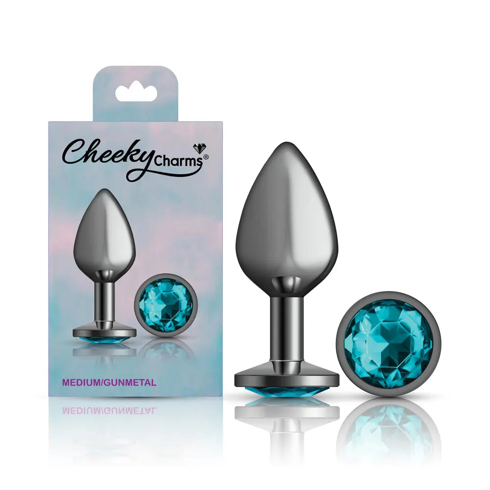 Teal Round Gem Gunmetal Metal Plug - Md – body-safe materials | Fu'Cha Exotics