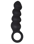 Black ram anal trainer with circular base ring and ridged bulb shape