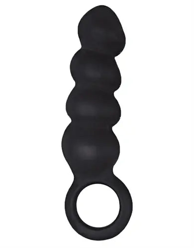 Black ram anal trainer with circular base ring and ridged bulb shape