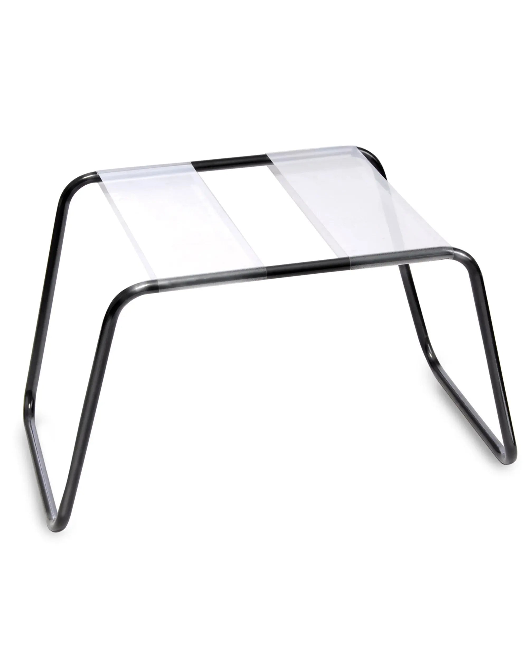 Metal sex stool with clear rectangular top and curved black frame